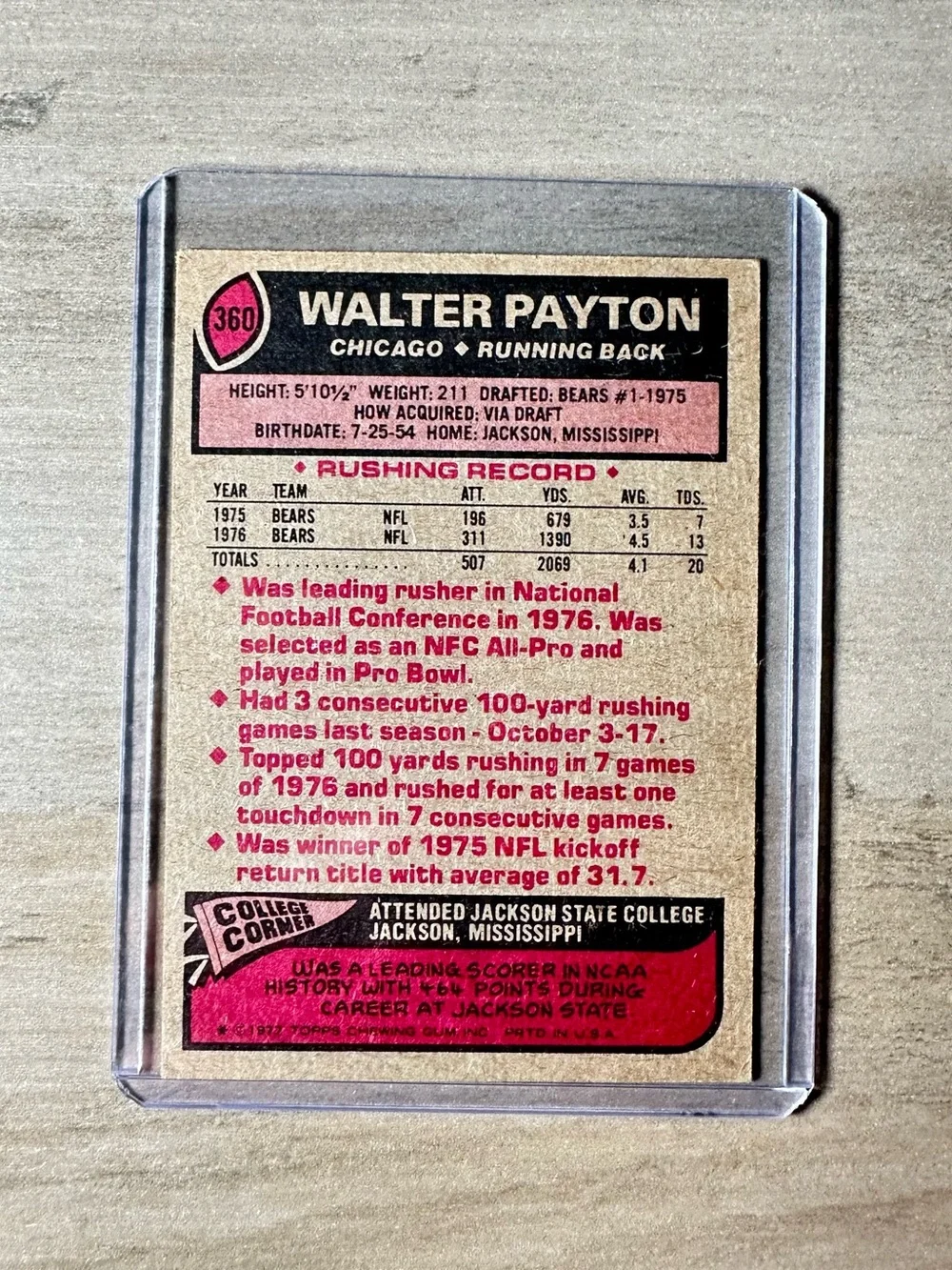 Walter Payton Signed 1976 Topps NFC All-Pro #360. Autograph. Chicago Bears.